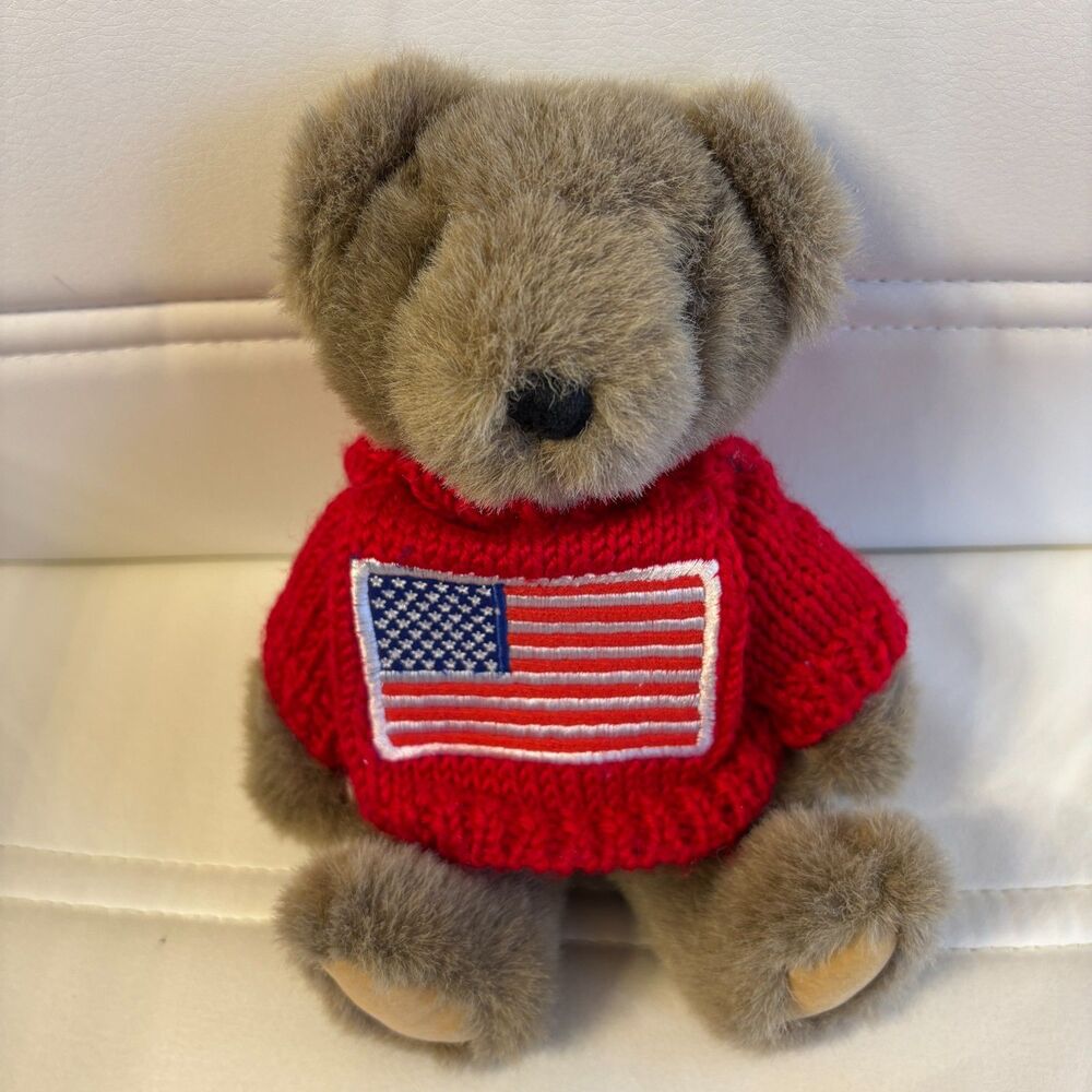 Plush Teddy Bear Red American Flag Sweater Holiday Style Decor 9"